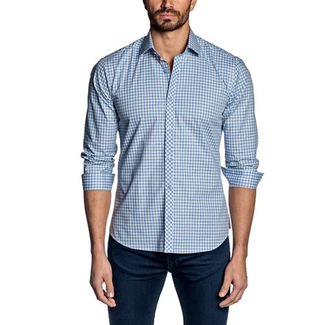 blue checkered long sleeve shirt.